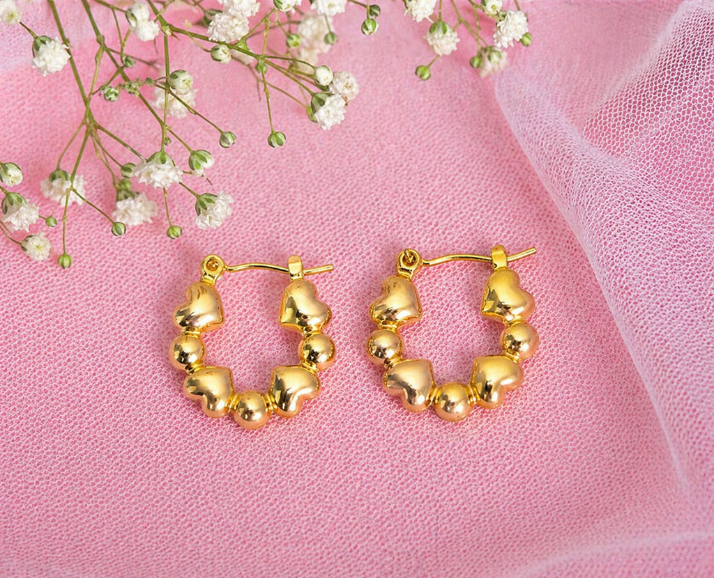 Gold Heart Beaded Hoop Earrings
