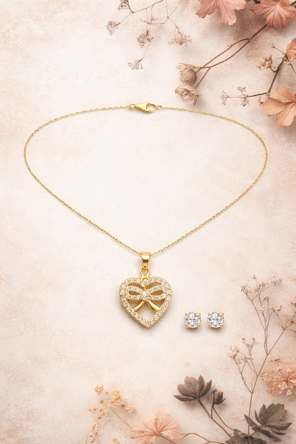 Romantic Heart Bow Pendant Necklace