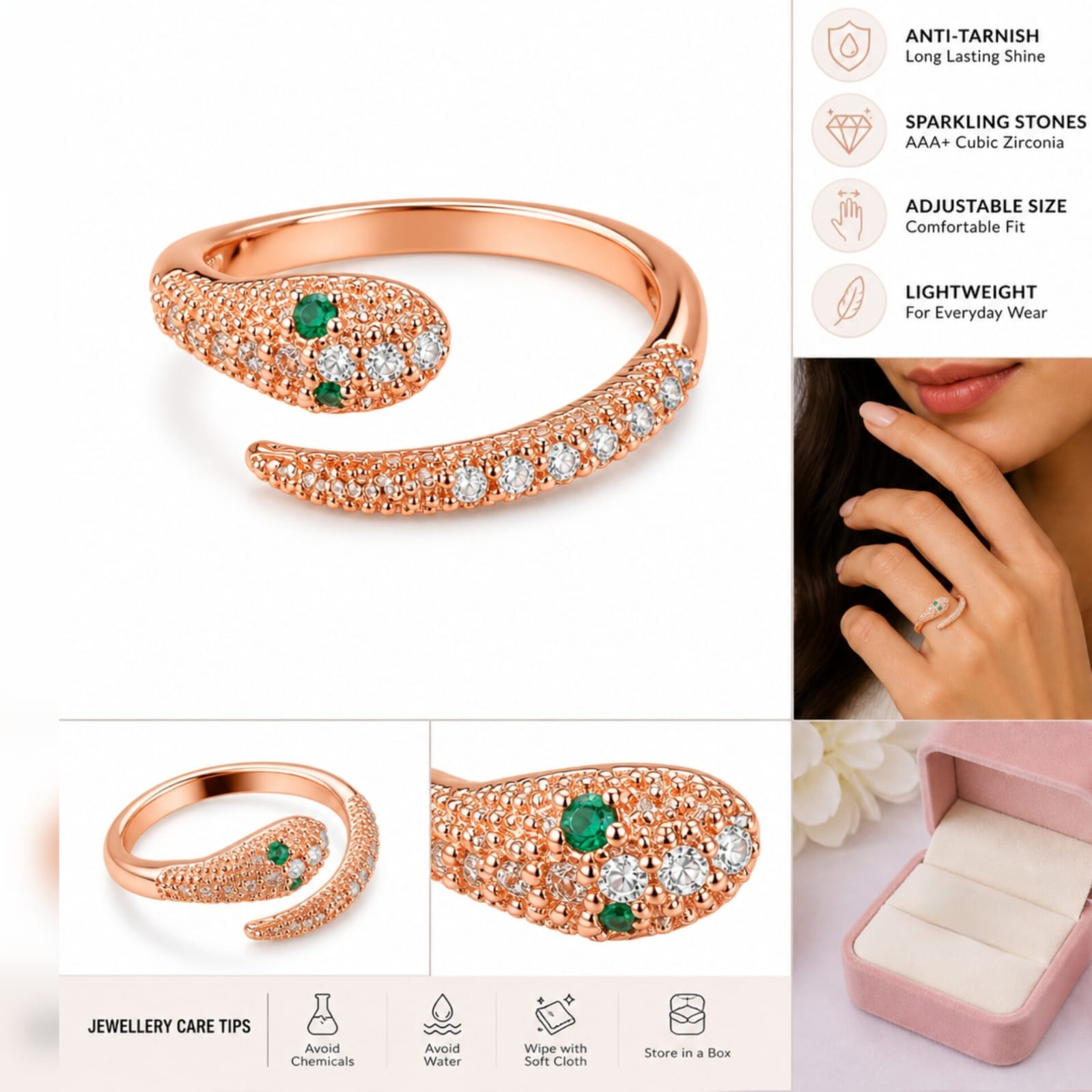 Elegant Serpent Adjustable Crystal Ring
