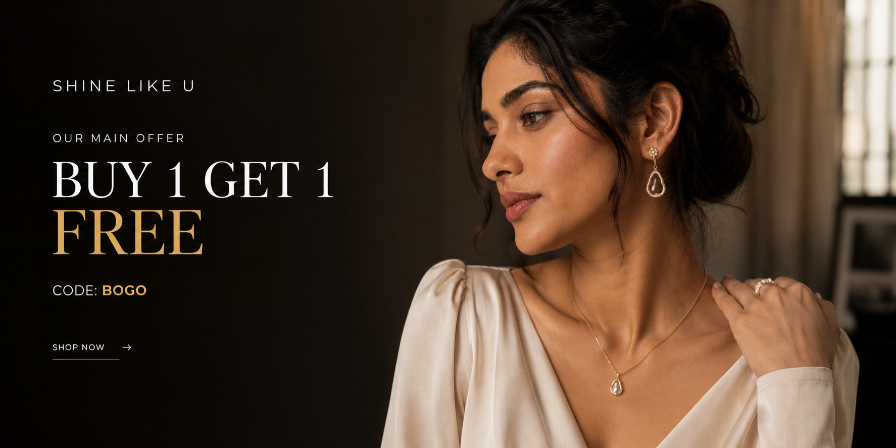 Woman wearing jewelry with promotional text on a dark background