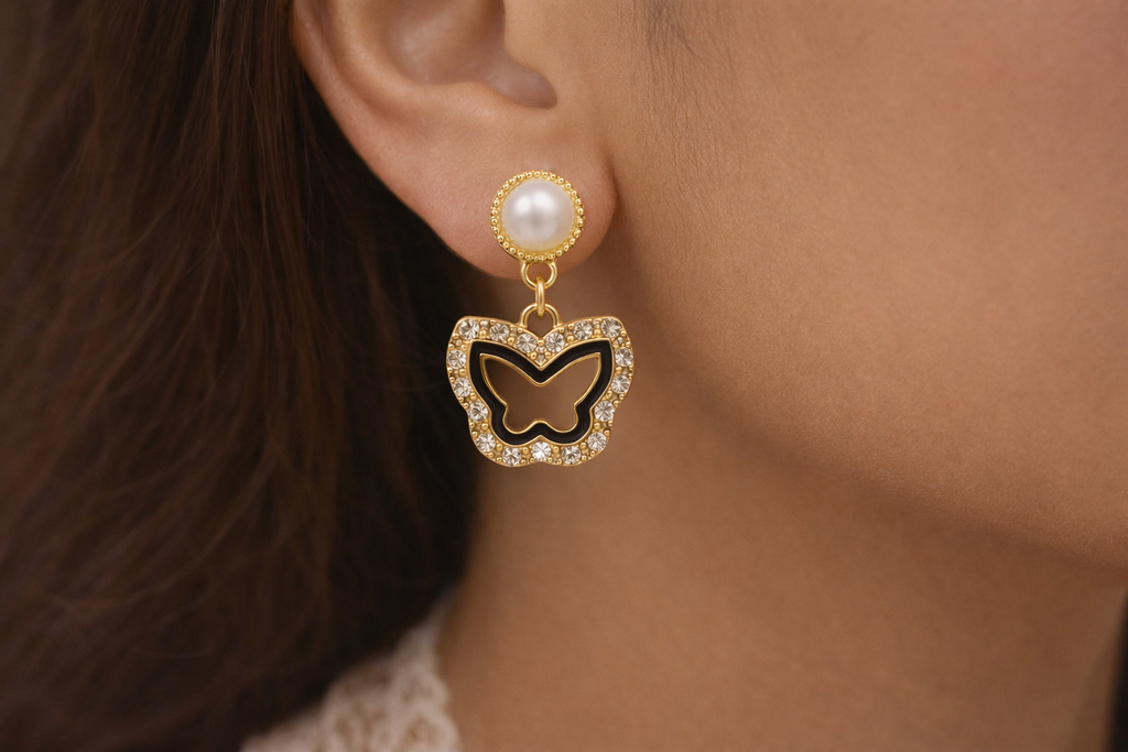 Elegant Butterfly Pearl Crystal Earrings