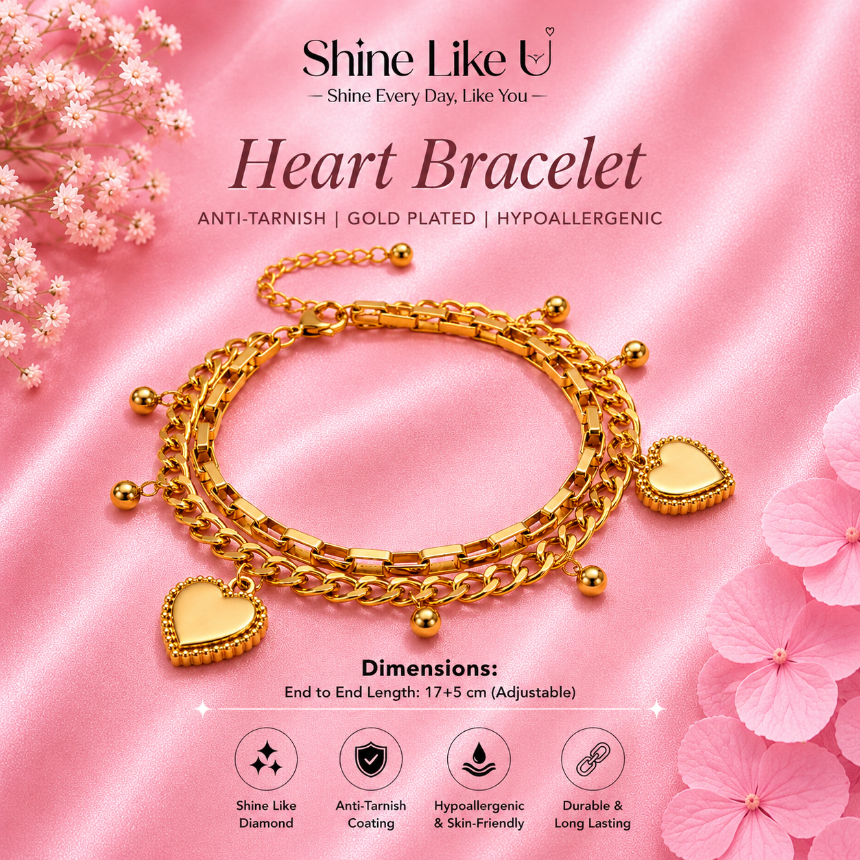Elegant Layered Heart Charm Bracelet