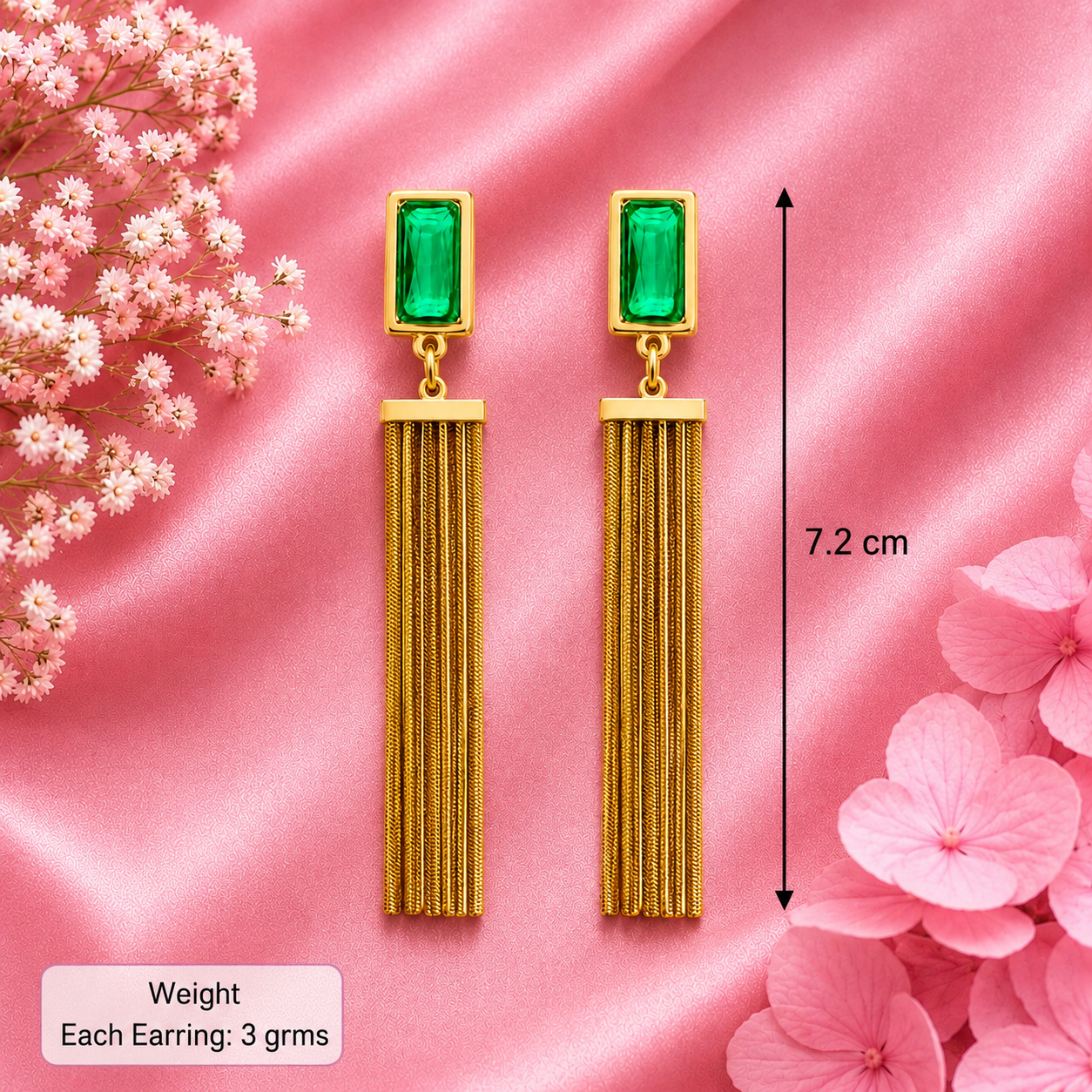 Emerald Gold Tassel Statement Earrings