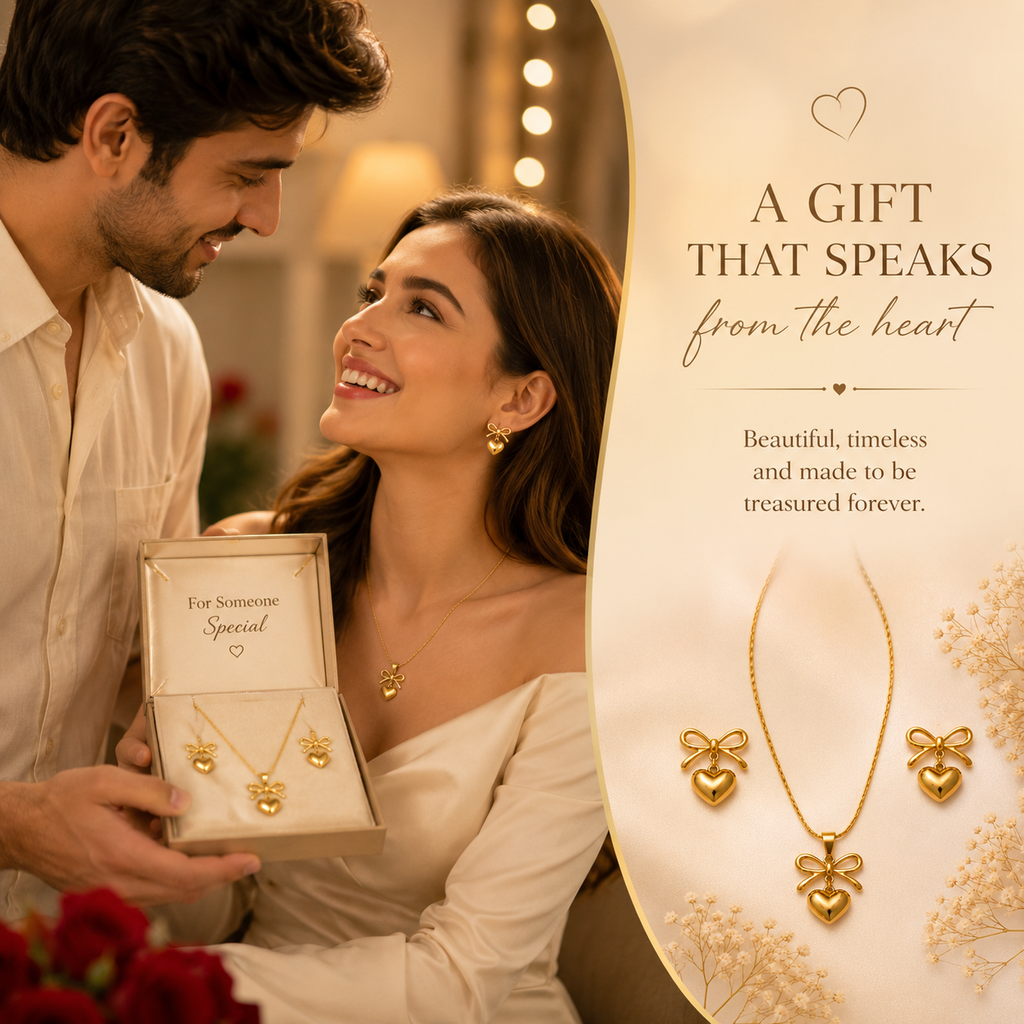 Elegant Golden Heart Bow Jewelry Set
