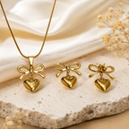 Elegant Golden Heart Bow Jewelry Set