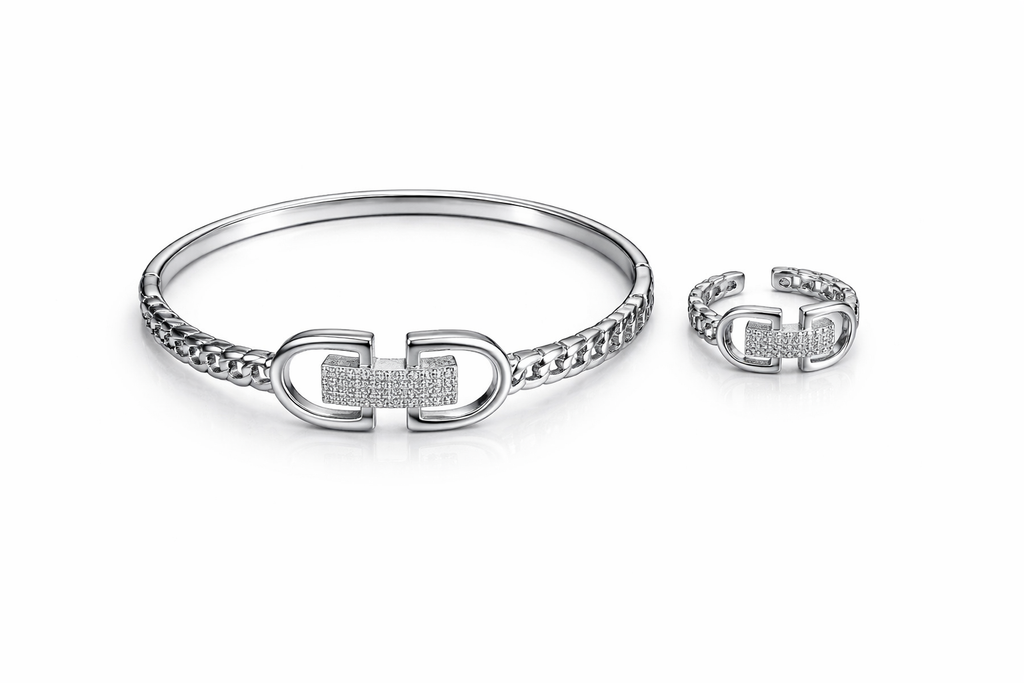 Sleek Link Crystal Bracelet Ring Set