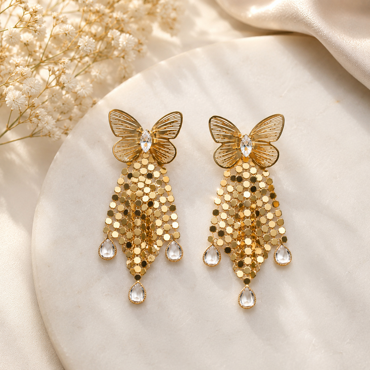 Gold Butterfly Statement Tassel Earrings