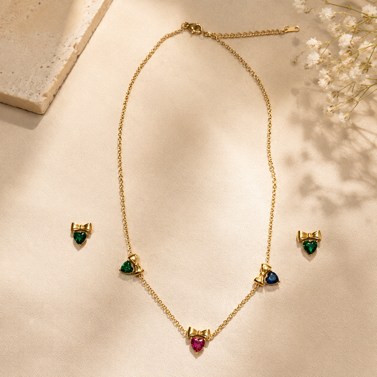 Colorful Heart Bow Necklace Set