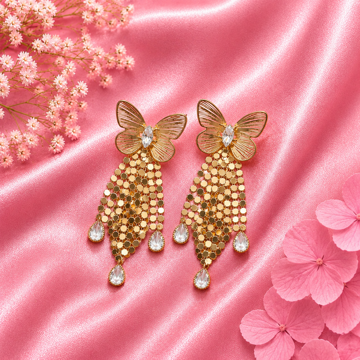 Gold Butterfly Statement Tassel Earrings