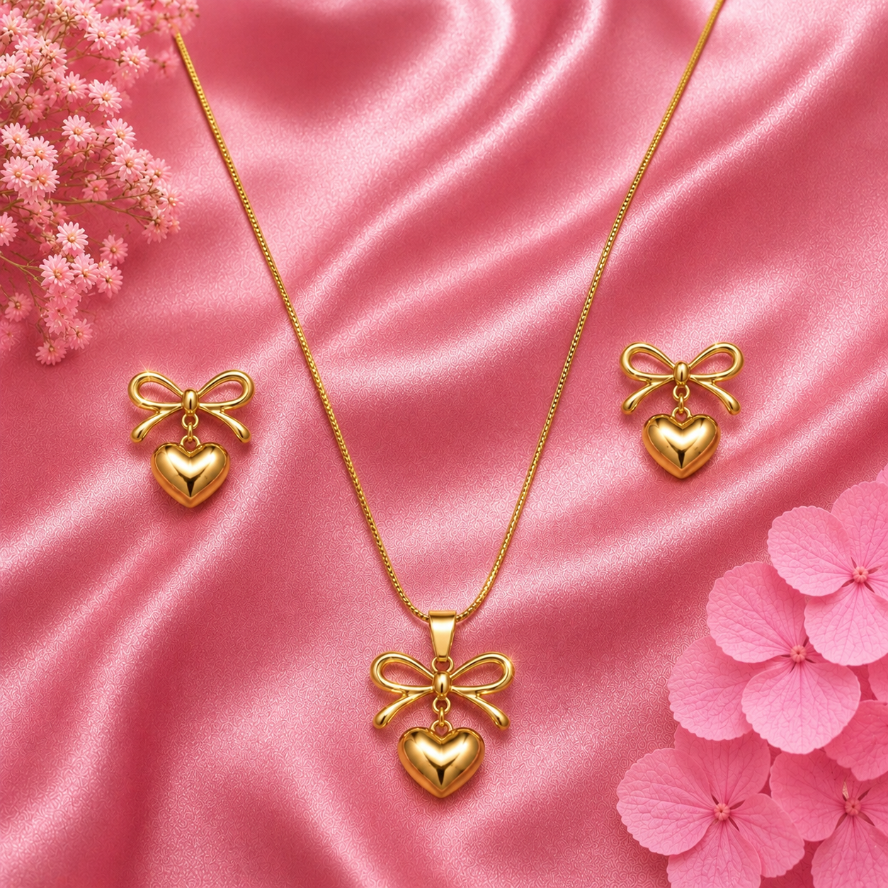 Elegant Golden Heart Bow Jewelry Set