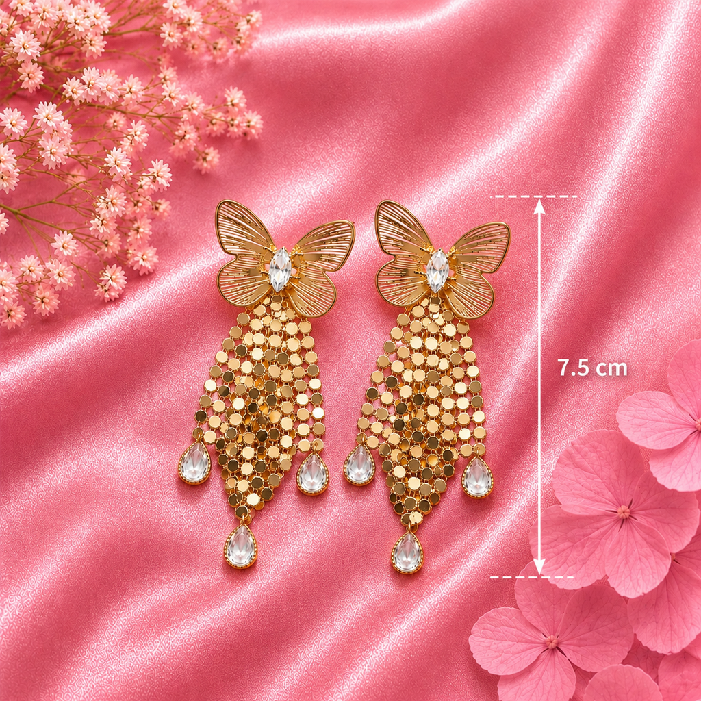 Gold Butterfly Statement Tassel Earrings