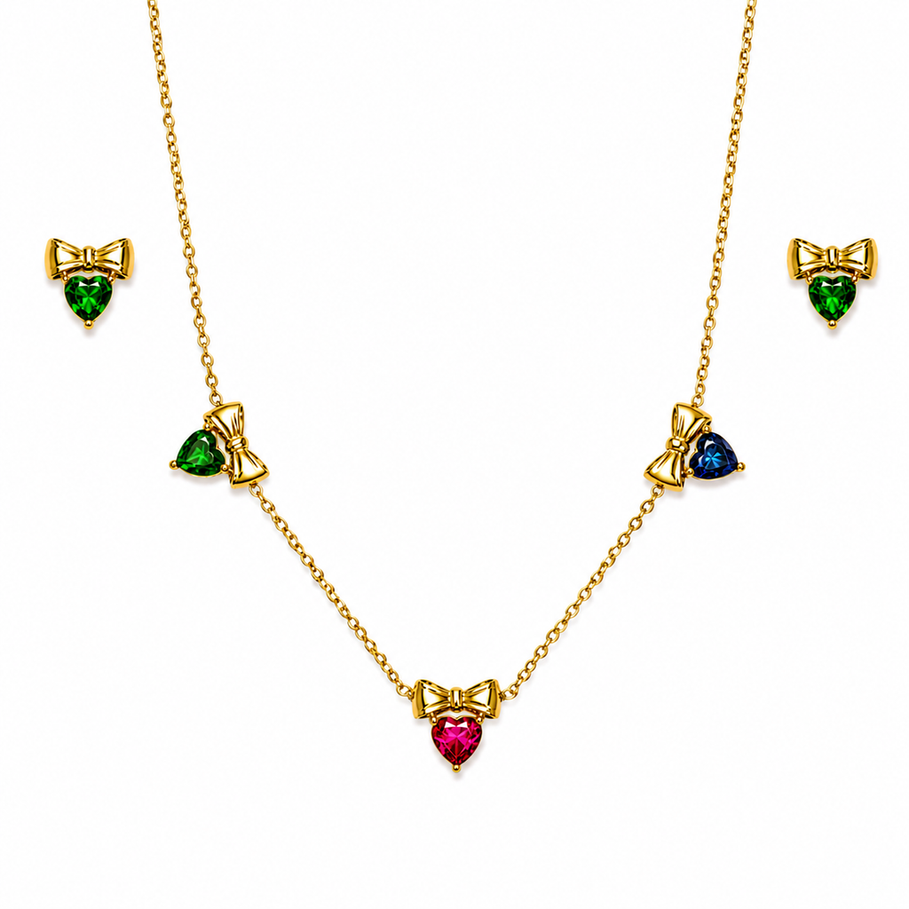 Colorful Heart Bow Necklace Set