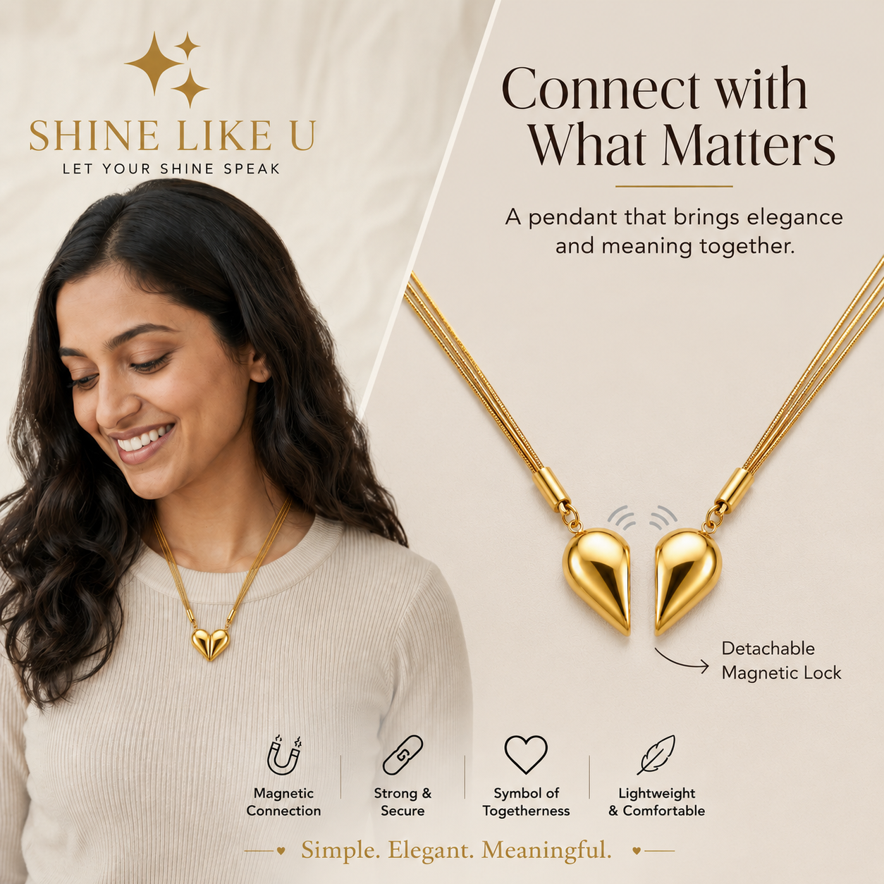 Golden Heart Magnetic Pendant Necklace