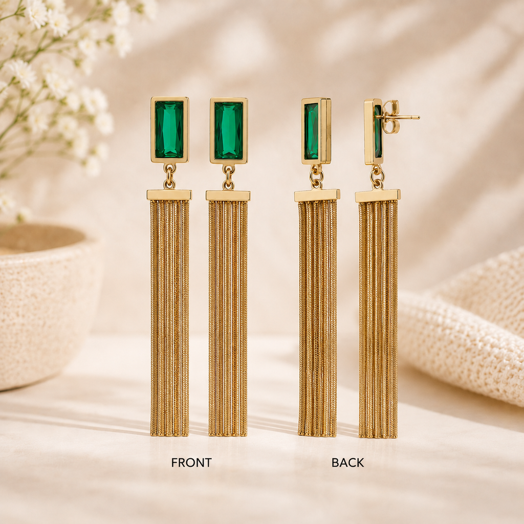 Emerald Gold Tassel Statement Earrings