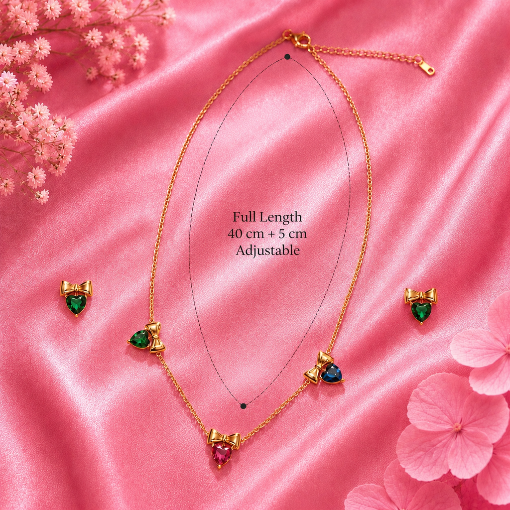 Colorful Heart Bow Necklace Set