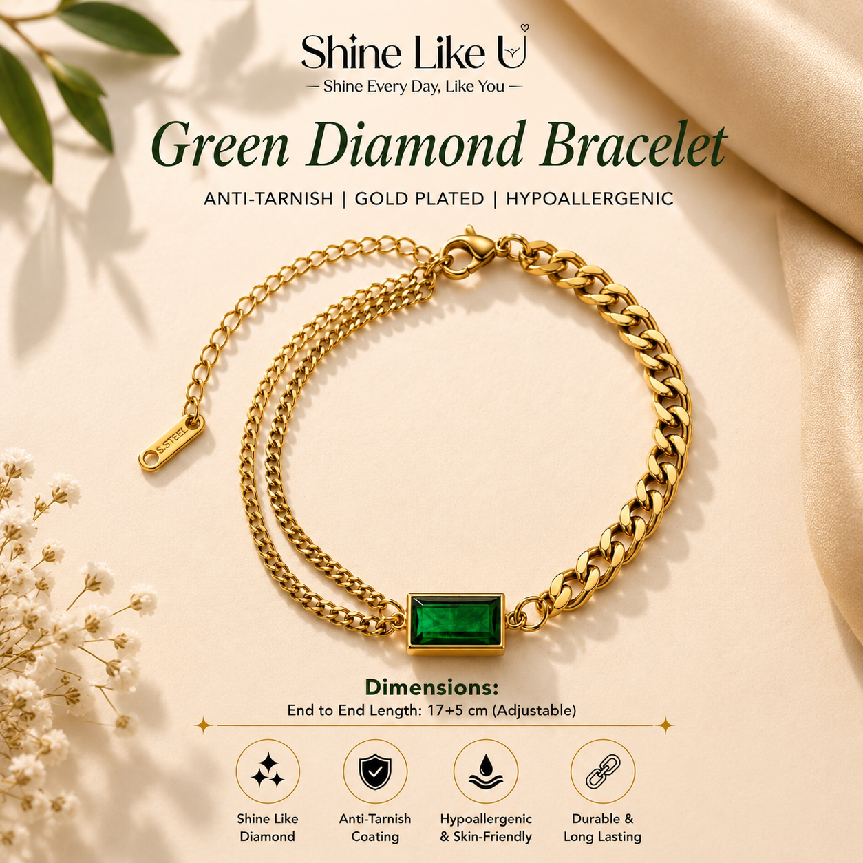 Elegant Emerald Chain Bracelet Sparkles