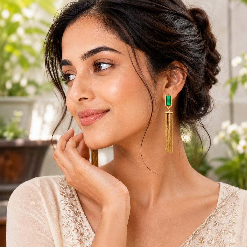 Emerald Gold Tassel Statement Earrings
