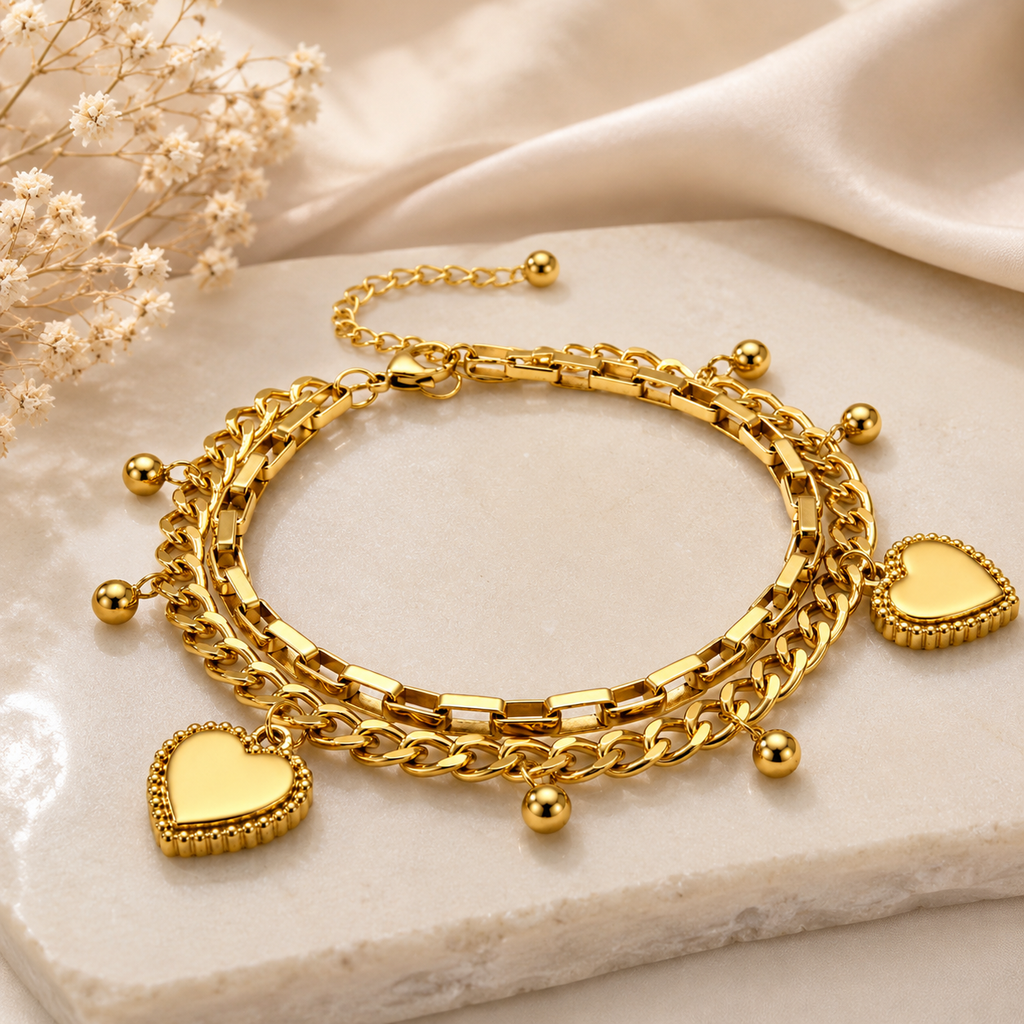 Elegant Layered Heart Charm Bracelet