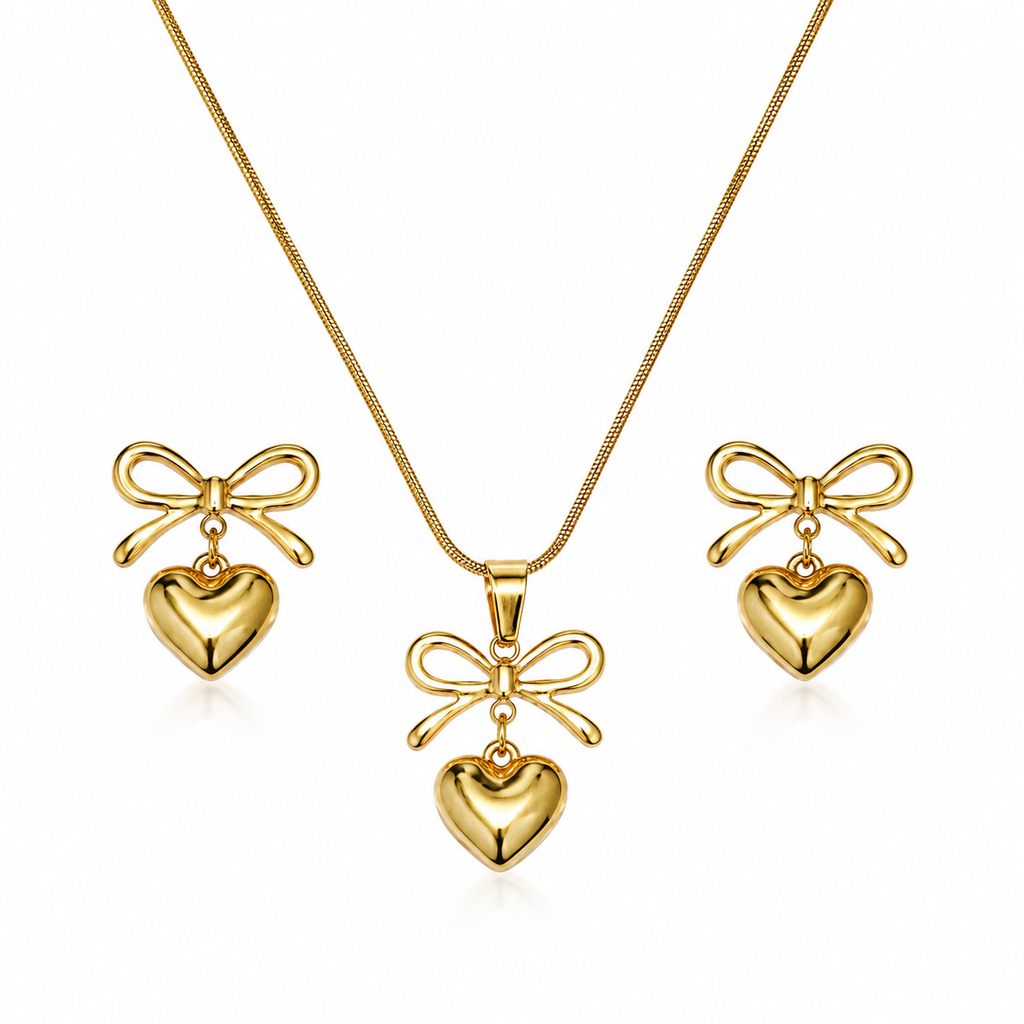 Elegant Golden Heart Bow Jewelry Set