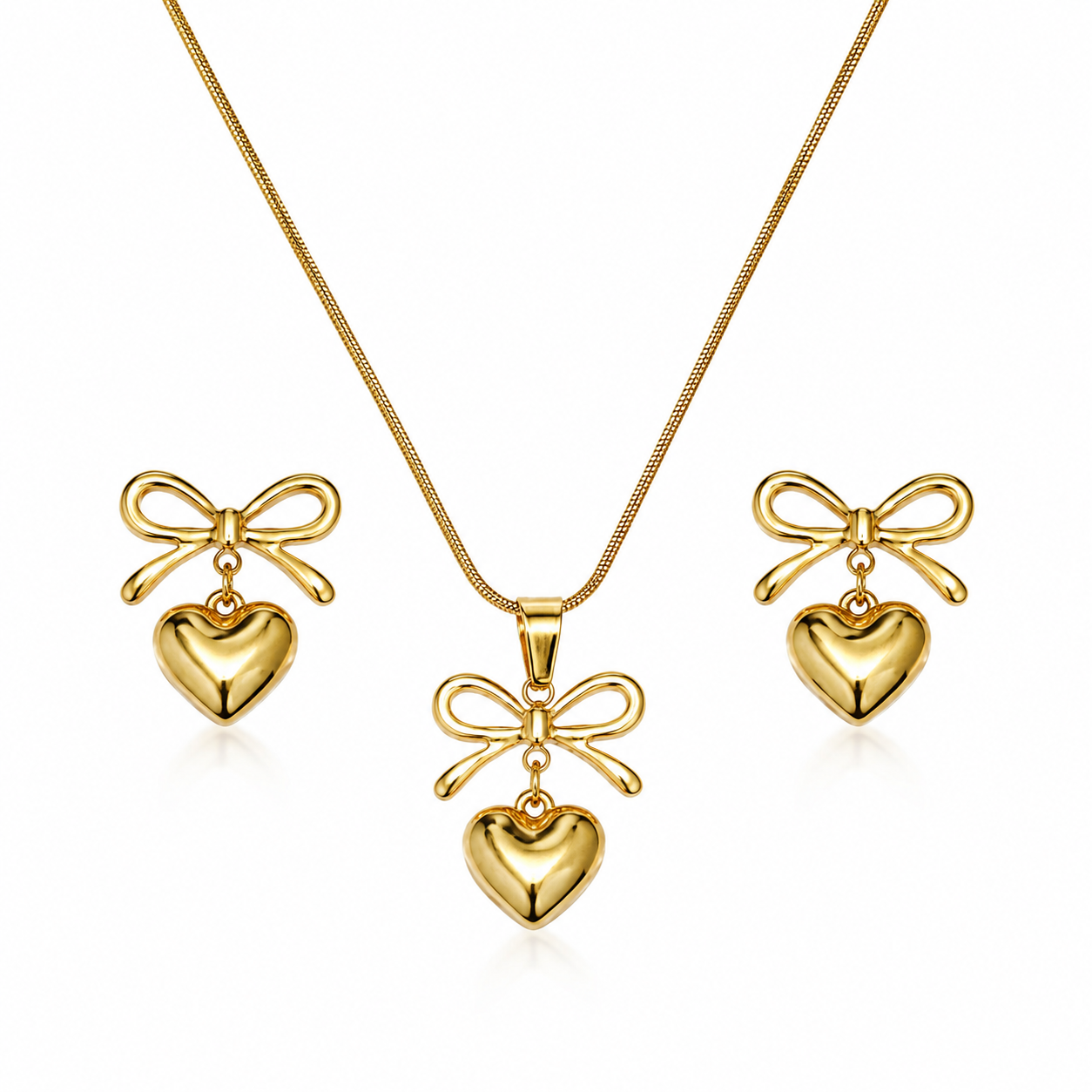 Elegant Golden Heart Bow Jewelry Set