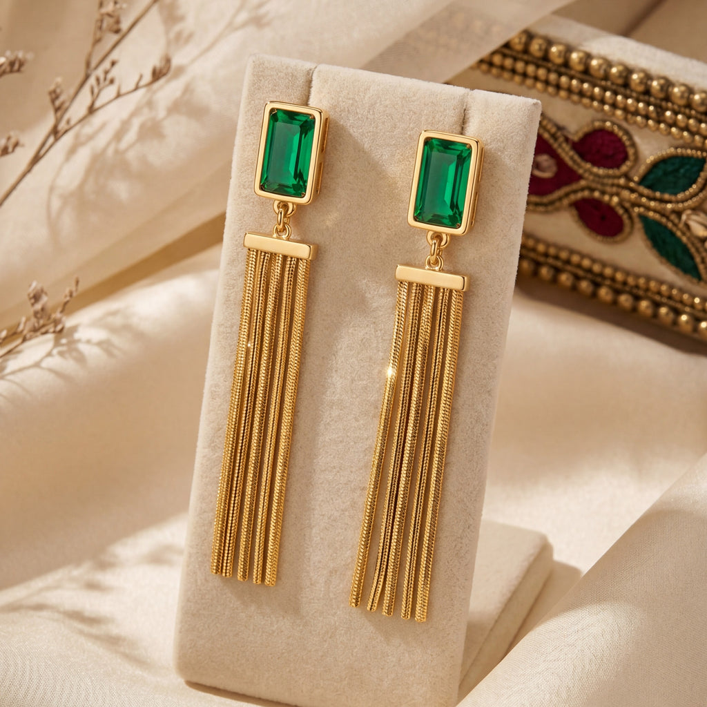 Emerald Gold Tassel Statement Earrings
