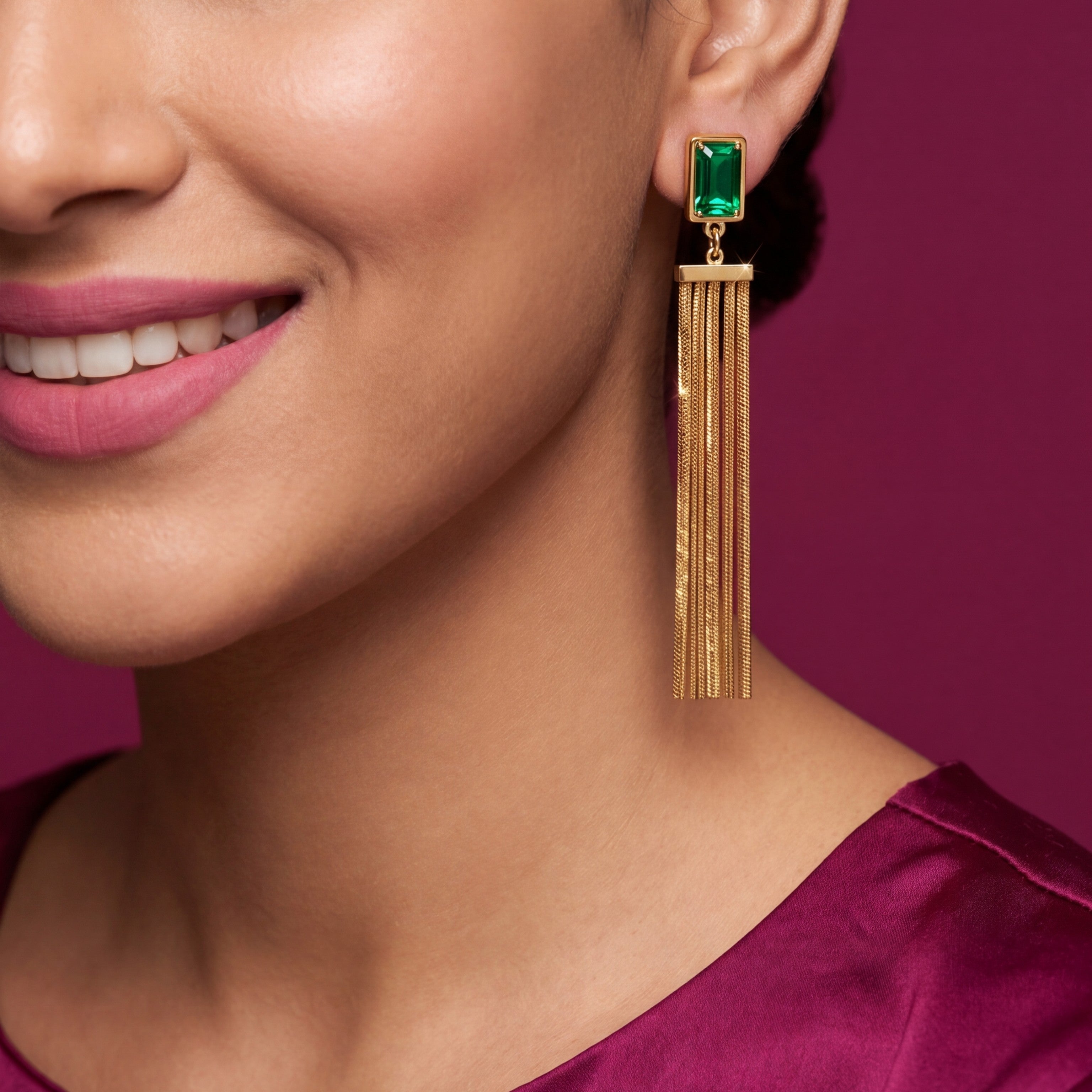 Emerald Gold Tassel Statement Earrings