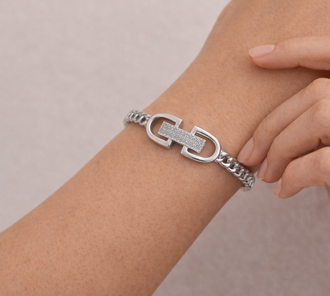 Sleek Link Crystal Bracelet Ring Set